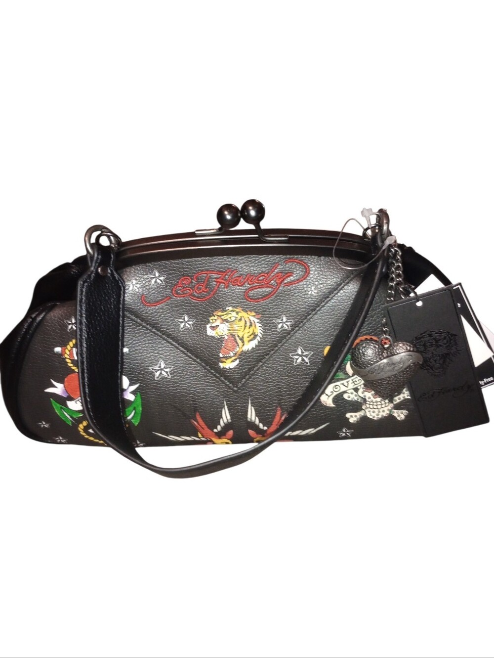 Ed Hardy Black Tattoo-Graphic Satchel Bag with Tiger Motif, NWT